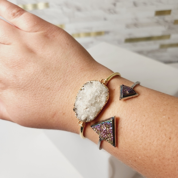 Raw Quartz Druzy Bangle Wire Wrapped Gold Plated Bracelet - Picture 4 of 4